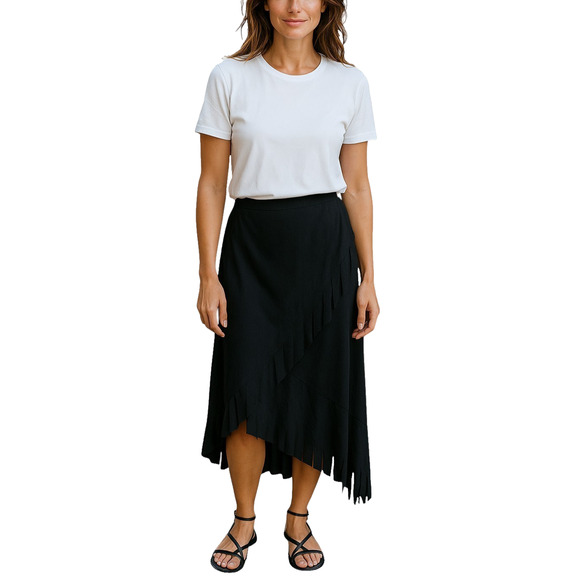 CACHE Vintage Black Fringed Assymetric Wrap A-Line Midi Skirt 8 Boho Goth Y2K - Picture 1 of 9
